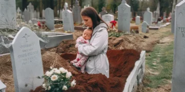 муж привез жену с малышом на кладбище к свежей могиле